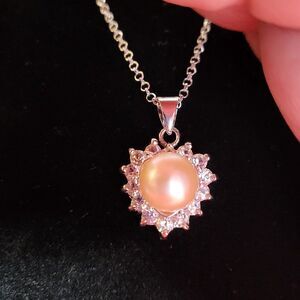 Freshwater Pearl & Simulated Diamond Pendant w/Italian Silver Chain